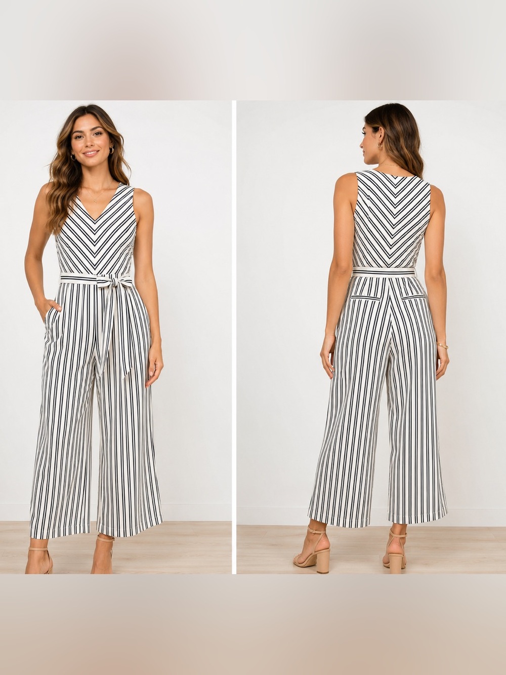 Banana Republic Black & White Striped Belted Wide Leg Cropped Jumpsuit Size 2